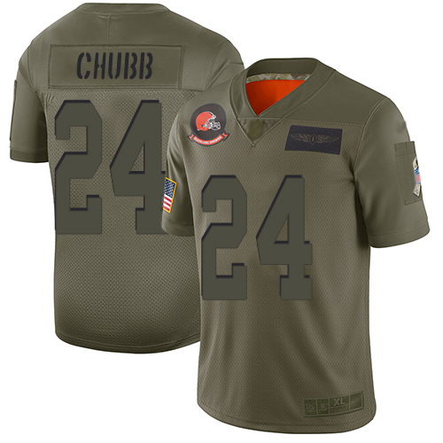 Cleveland Browns Nick Chubb Men Olive Limited Jersey #24 NFL Football 2019 Salute To Service